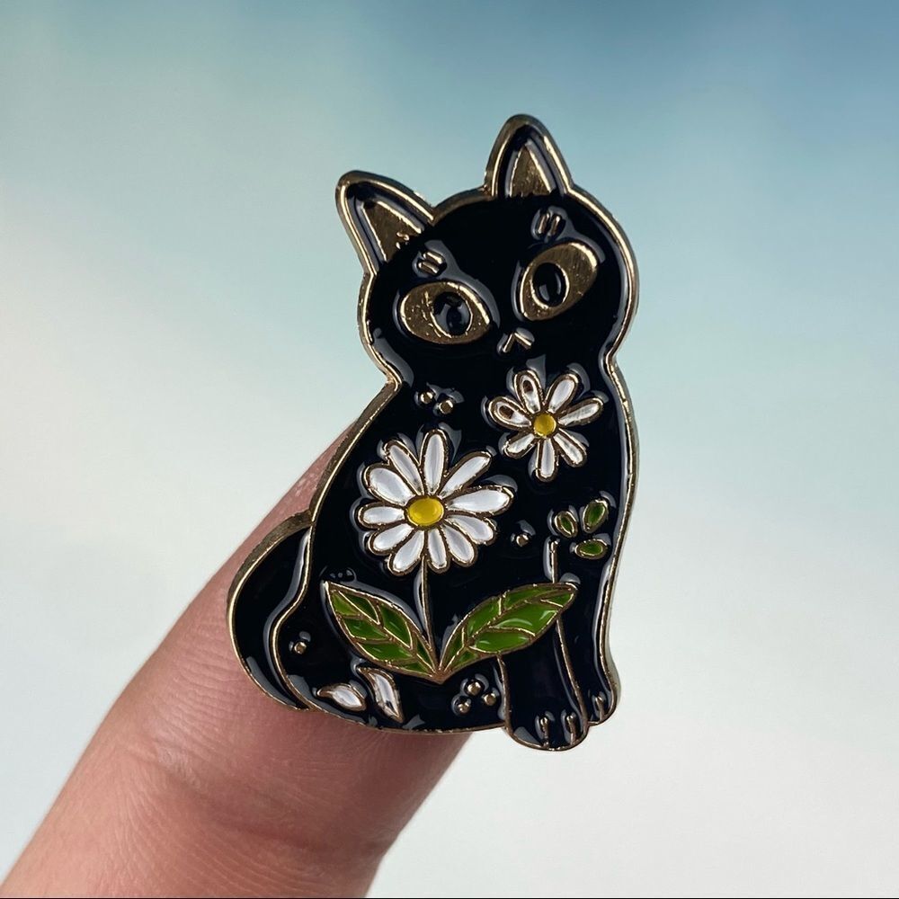 Floral Black Cat Enamel Pin/ Brooch Lapel